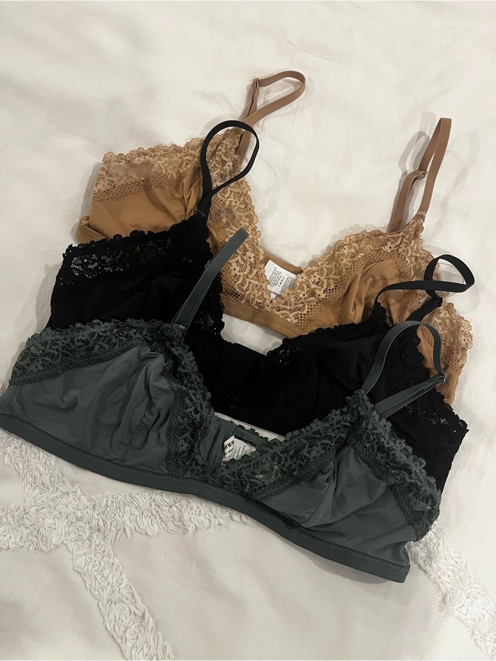 3 x Aerie Offline Real Me Microfiber Lace Triangle Bralette Bra Black Green Nude